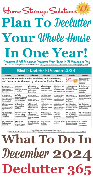 Free printable December 2024 #decluttering calendar with daily 15 minute missions. Follow the entire #Declutter365 plan provided by Home Storage Solutions 101 to #declutter your whole house in a year.