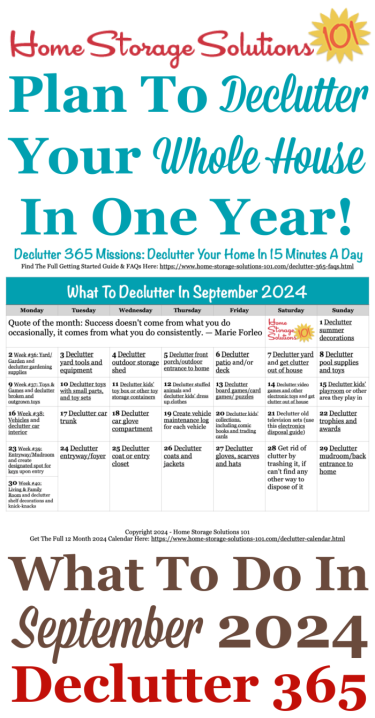 Free printable September 2024 #decluttering calendar with daily 15 minute missions. Follow the entire #Declutter365 plan provided by Home Storage Solutions 101 to #declutter your whole house in a year.