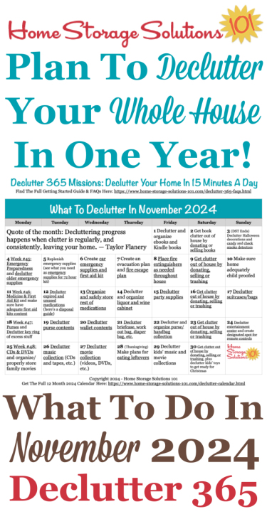 Free printable November 2023 #decluttering calendar with daily 15 minute missions. Follow the entire #Declutter365 plan provided by Home Storage Solutions 101 to #declutter your whole house in a year.