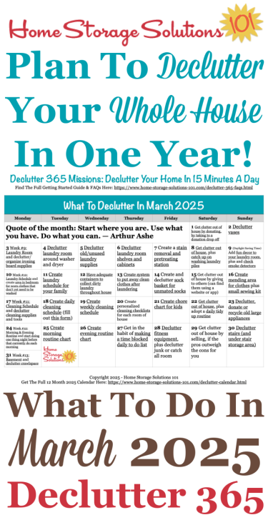 Free printable March 2025 #decluttering calendar with daily 15 minute missions. Follow the entire #Declutter365 plan provided by Home Storage Solutions 101 to #declutter your whole house in a year.