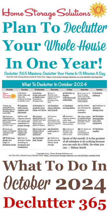 Free printable October 2024 #decluttering calendar with daily 15 minute missions. Follow the entire #Declutter365 plan provided by Home Storage Solutions 101 to #declutter your whole house in a year.