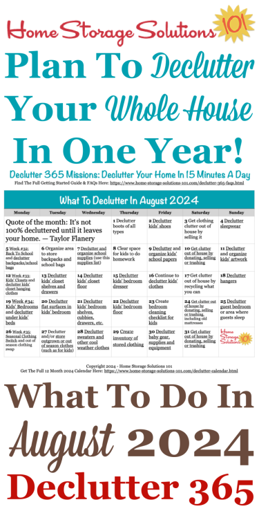 Free printable August 2024 #decluttering calendar with daily 15 minute missions. Follow the entire #Declutter365 plan provided by Home Storage Solutions 101 to #declutter your whole house in a year.