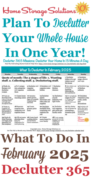 Free printable February 2025 #decluttering calendar with daily 15 minute missions. Follow the entire #Declutter365 plan provided by Home Storage Solutions 101 to #declutter your whole house in a year.