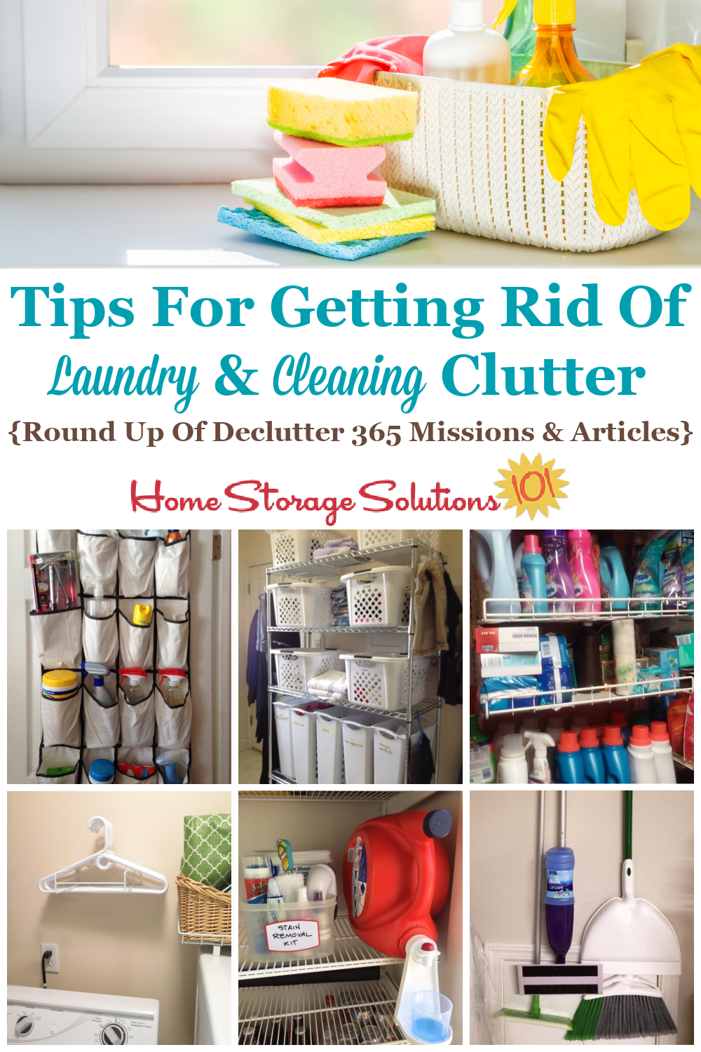 Here is a checklist of ideas for what types of laundry and cleaning clutter to get rid of, plus a round up of Declutter 365 missions and articles to help you accomplish these tasks {on Home Storage Solutions 101} #Declutter365 #CleaningClutter #LaundryClutter