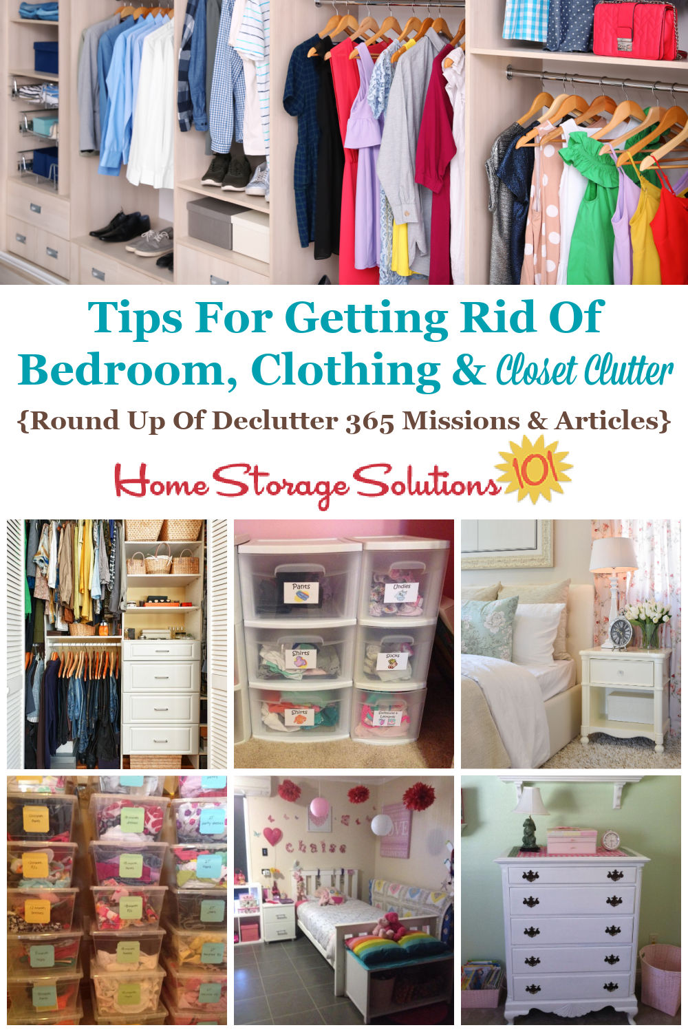 Here is a checklist of bedroom, clothing and closet clutter to consider getting rid of, plus a round up of Declutter 365 missions and articles to help you accomplish these tasks {on Home Storage Solutions 101} #Declutter365 #ClosetClutter #BedroomClutter