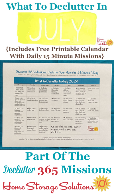 What to declutter in July 2024, including a free printable July decluttering calendar you can follow each day {on Home Storage Solutions 101} #Declutter365 #Decluttering #Declutter