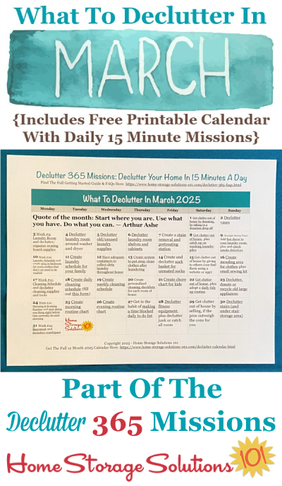 What to declutter in March 2025, including a free printable March decluttering calendar you can follow each day {on Home Storage Solutions 101} #Declutter365 #Decluttering #Declutter