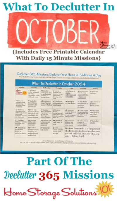 What to declutter in October 2024, including a free printable October decluttering calendar you can follow each day {on Home Storage Solutions 101} #Declutter365 #Decluttering #Declutter