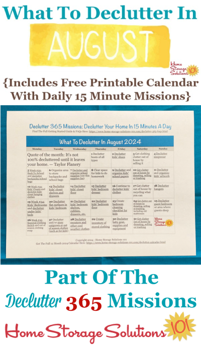 What to declutter in August 2024, including a free printable August decluttering calendar you can follow each day {on Home Storage Solutions 101} #Declutter365 #Decluttering #Declutter
