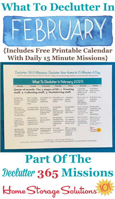 What to declutter in February 2025, including a free printable February decluttering calendar you can follow each day {on Home Storage Solutions 101} #Declutter365 #Decluttering #Declutter