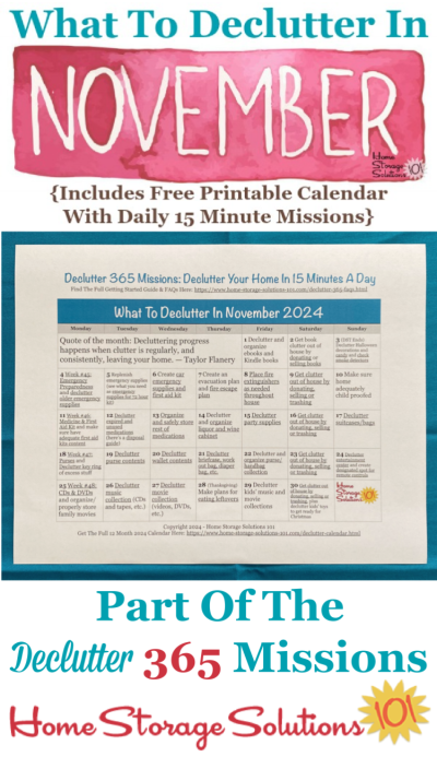 What to declutter in November 2024, including a free printable November decluttering calendar you can follow each day {on Home Storage Solutions 101} #Declutter365 #Decluttering #Declutter