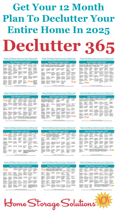 Free 12 month plan to declutter your entire home in 2025, including printable calendar pages from January through December, with daily 15 minute decluttering missions. If you feel overwhelmed this plan will help, because it gives you proven step by step instructions! {courtesy of Home Storage Solutions 101} #Declutter365 #Declutter #Decluttering