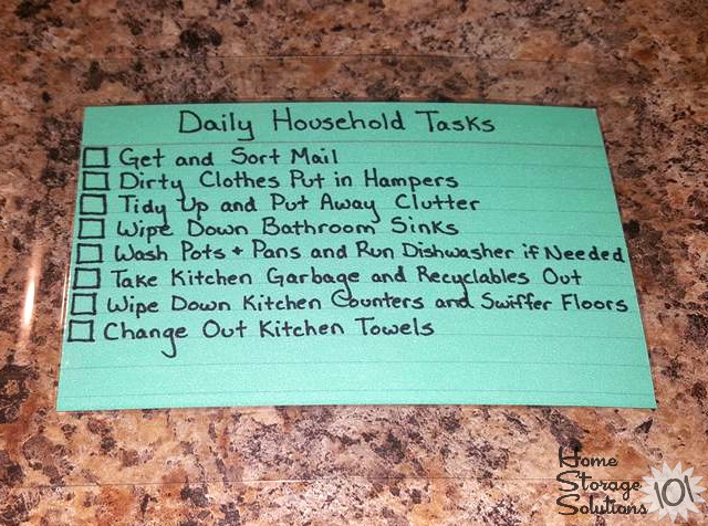 Example of a daily household tasks checklist created by a participant in the #Declutter365 missions, when working on the parts of the Create A House Cleaning Schedule Challenge {on Home Storage Solutions 101}