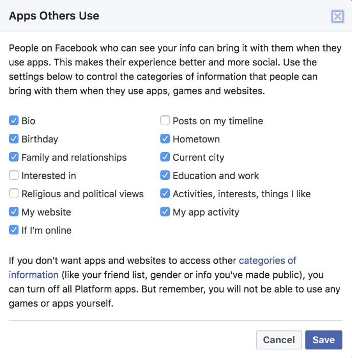 Step 5 of blocking Facebook apps of your friends that use your Facebook data: uncheck all the boxes that are checked, and press save