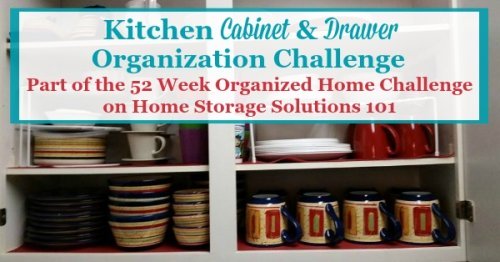 In the kitchen drawer and cabinet organization challenge you'll get step by step instructions for how to organize these spaces, including under the sink, for pots, pans and dishes, the junk drawer, and more {part of the 52 Week Organized Home Challenge on Home Storage Solutions 101} #52WeekChallenge #OrganizedHome #KitchenOrganization