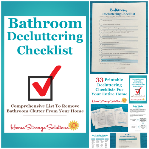 Get this bathroom decluttering checklist and 32 other decluttering checklists for your home {on Home Storage Solutions 101}