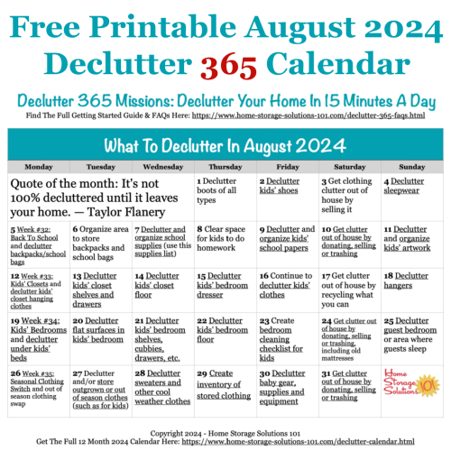 Free printable August 2024 decluttering calendar with daily 15 minute missions. Follow the entire Declutter 365 plan provided by Home Storage Solutions 101 to declutter your whole house in a year. #Declutter365 #Decluttering #Declutter