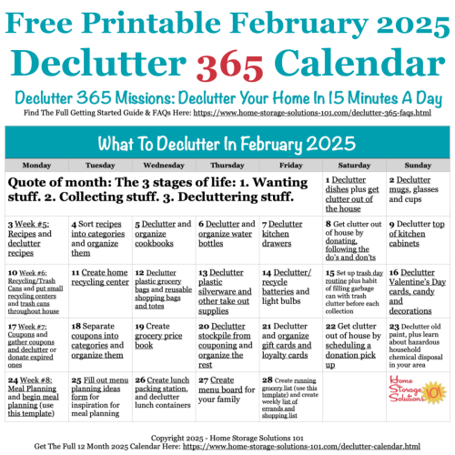 Free printable February 2025 #decluttering calendar with daily 15 minute missions. Follow the entire #Declutter365 plan provided by Home Storage Solutions 101 to #declutter your whole house in a year.