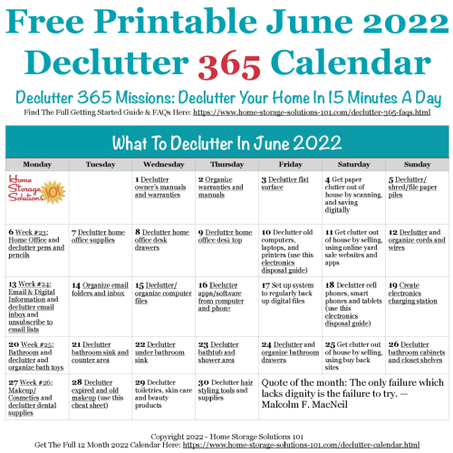 june declutter calendar 15 minute daily missions for month