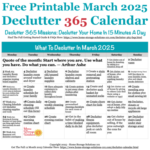 Free printable March 2025 #decluttering calendar with daily 15 minute missions. Follow the entire #Declutter365 plan provided by Home Storage Solutions 101 to #declutter your whole house in a year.