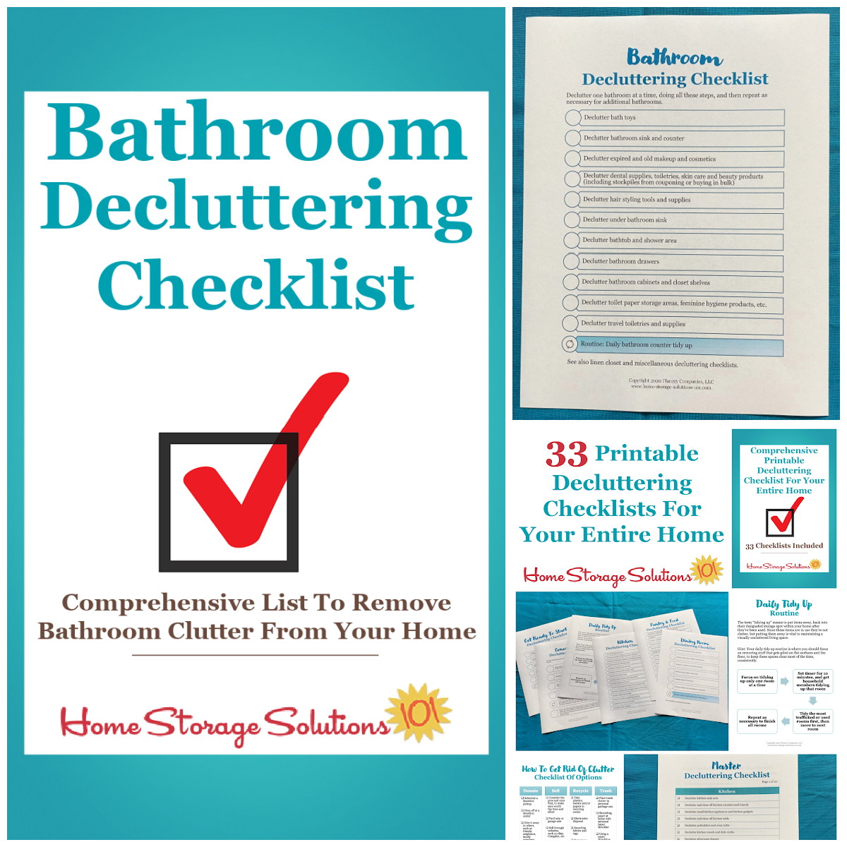 Get this bathroom decluttering checklist and 32 other decluttering checklists for your home {on Home Storage Solutions 101}