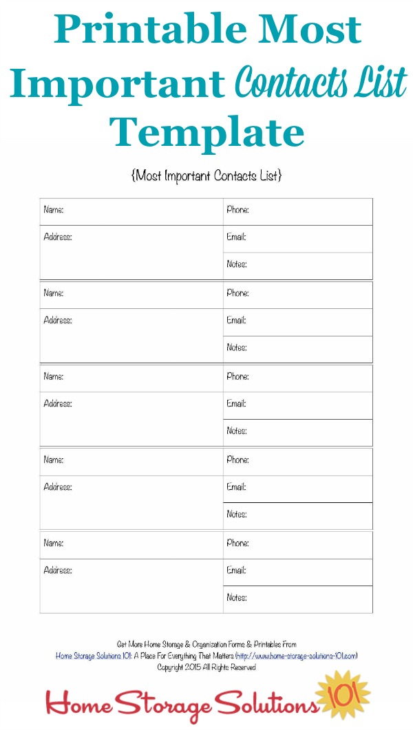 Free Printable Important Contact List Template