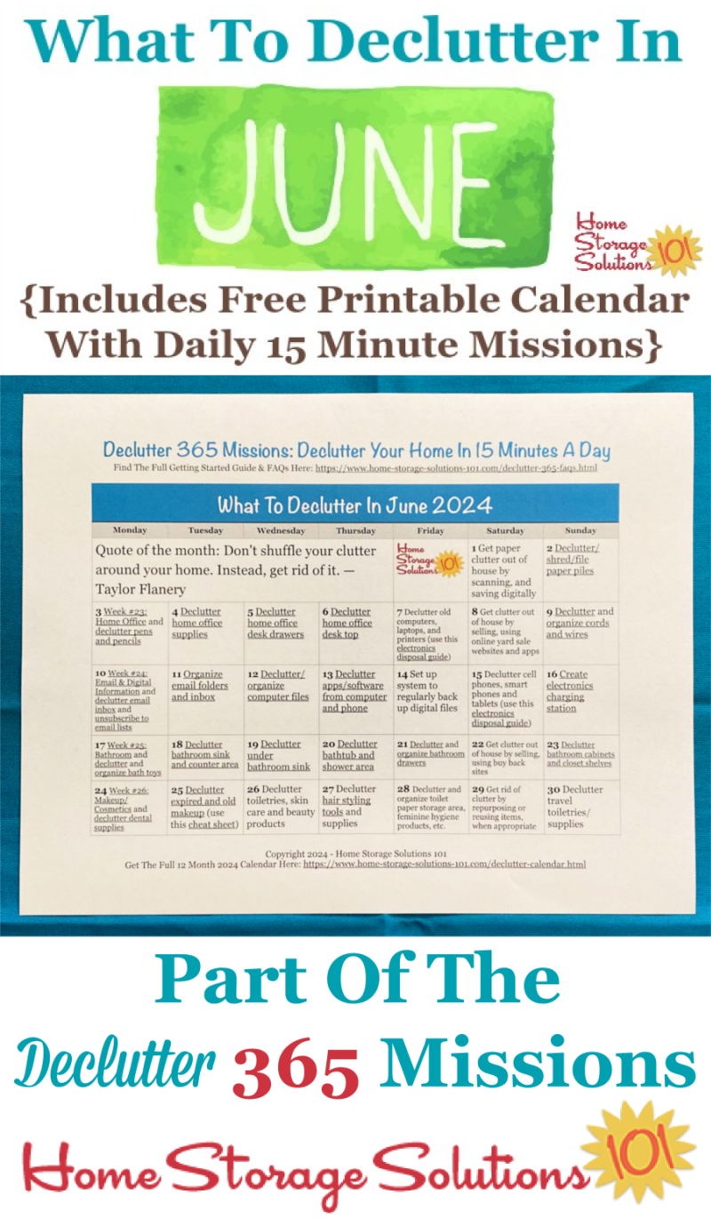 What to declutter in June 2024, including a free printable June decluttering calendar you can follow each day {on Home Storage Solutions 101} #Declutter365 #Decluttering #Declutter