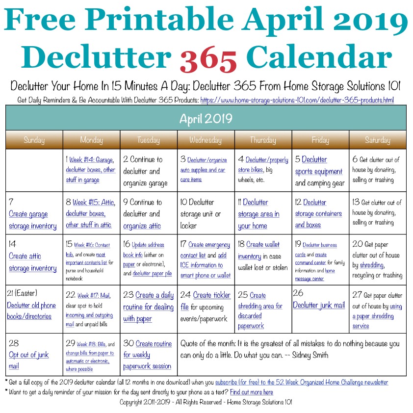 declutter calendar april 2018