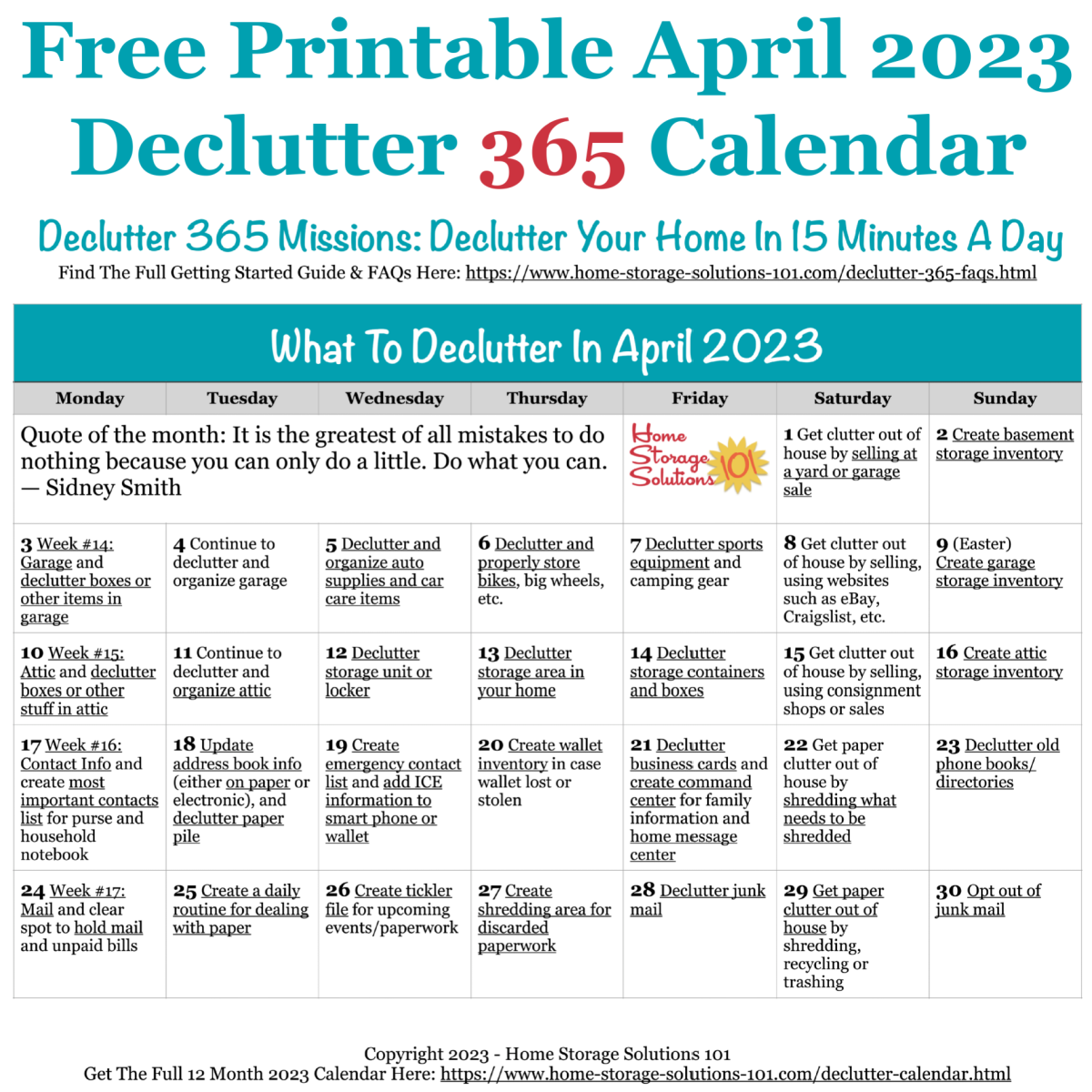 April Declutter 365 Calendar: 15 Minute Daily Missions For Month