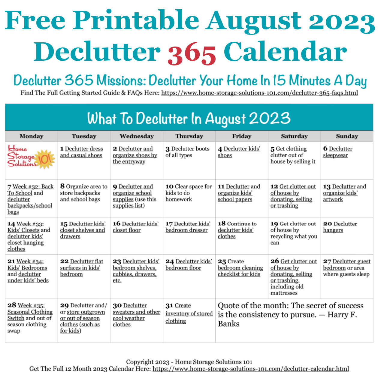 August Declutter 365 Calendar 15 Minute Daily Missions For Month