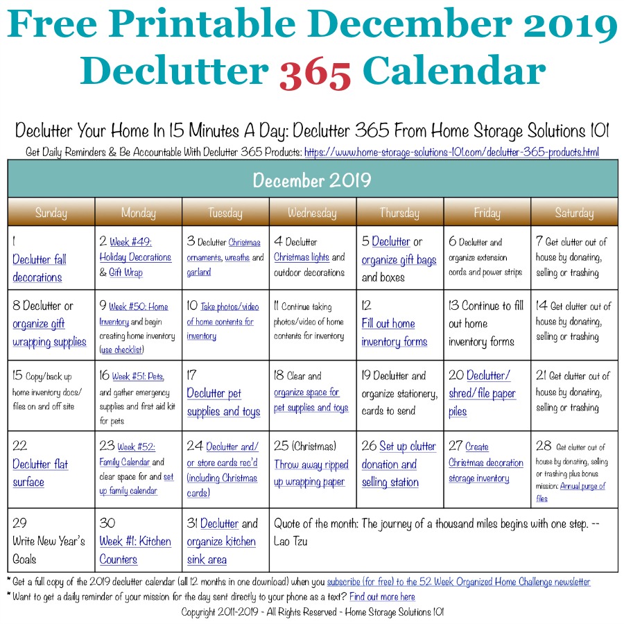 December Declutter Calendar 15 Minute Daily Missions For Month