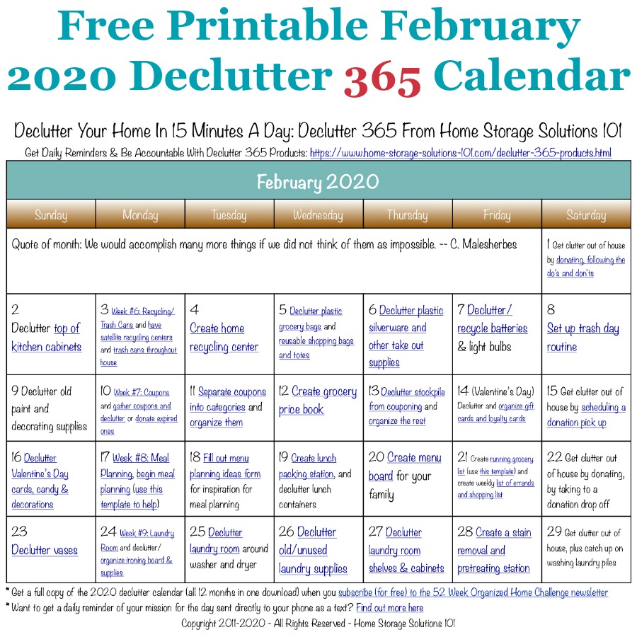February Declutter Calendar 15 Minute Daily Missions For Month