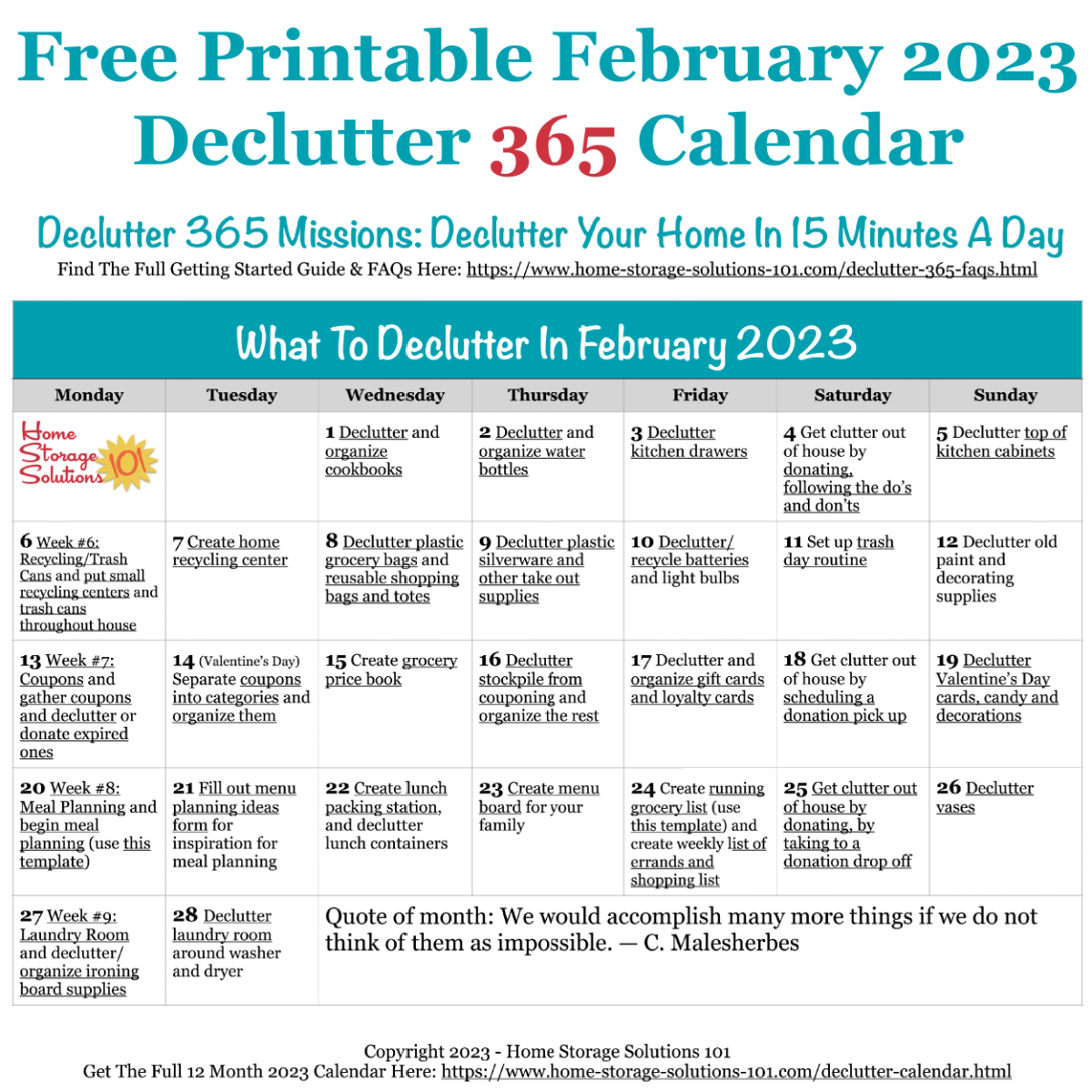 February Declutter 365 Calendar 15 Minute Daily Missions For Month