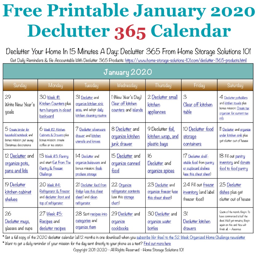 January Declutter Calendar 15 Minute Daily Missions For Month