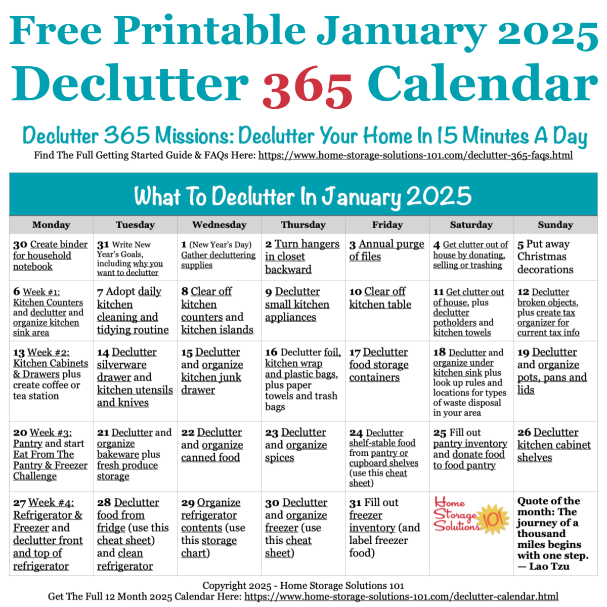 Declutter Calendar January 2025