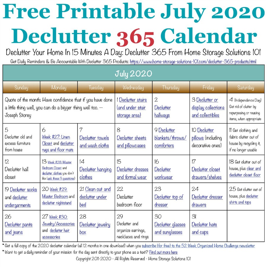 July Declutter Calendar 15 Minute Daily Missions For Month
