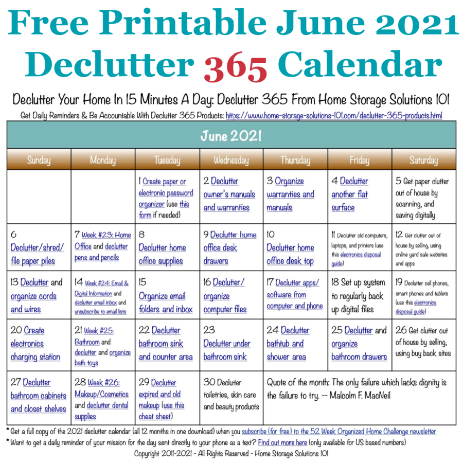 June Declutter Calendar 15 Minute Daily Missions For Month
