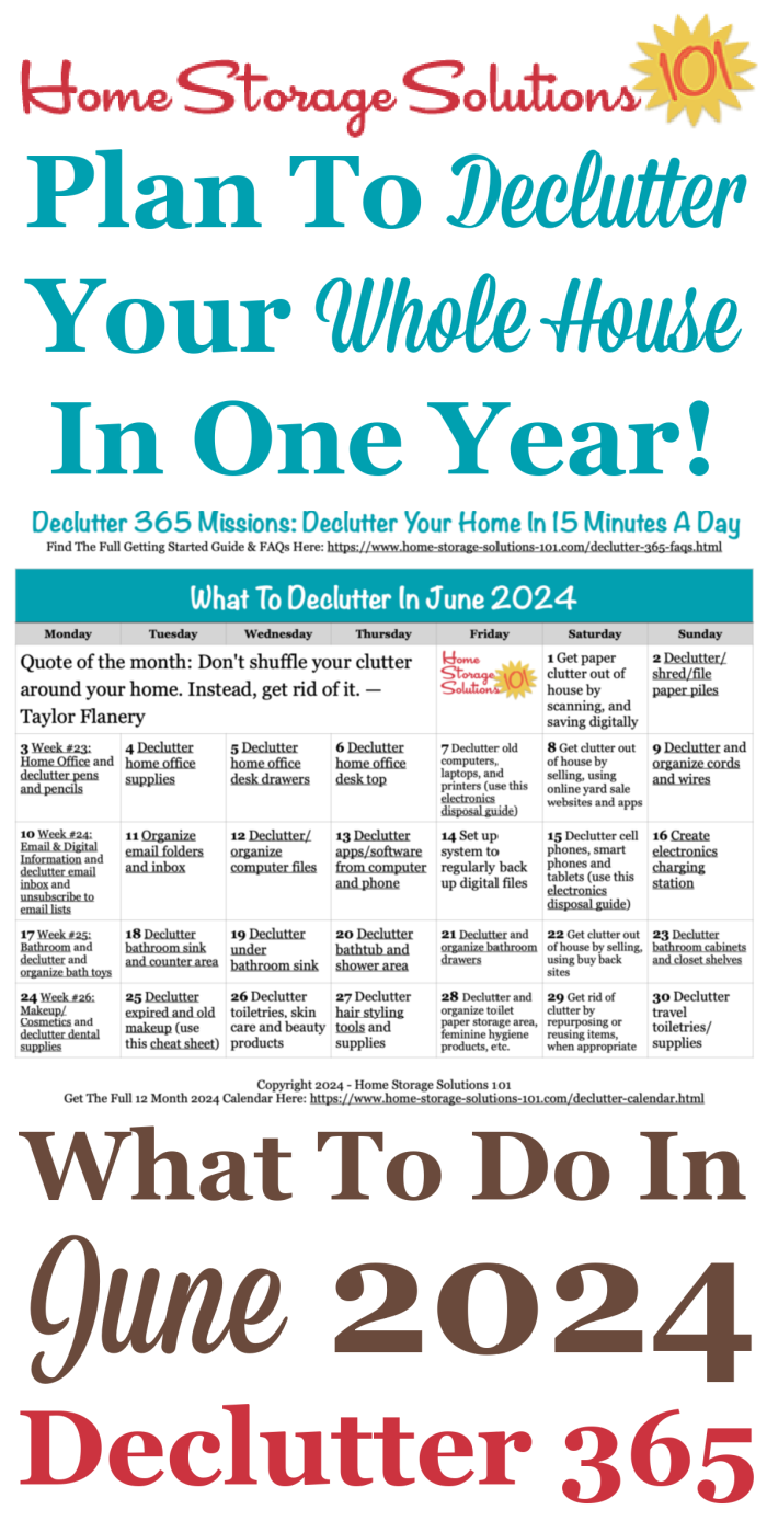 Free printable June 2024 #decluttering calendar with daily 15 minute missions. Follow the entire #Declutter365 plan provided by Home Storage Solutions 101 to #declutter your whole house in a year.