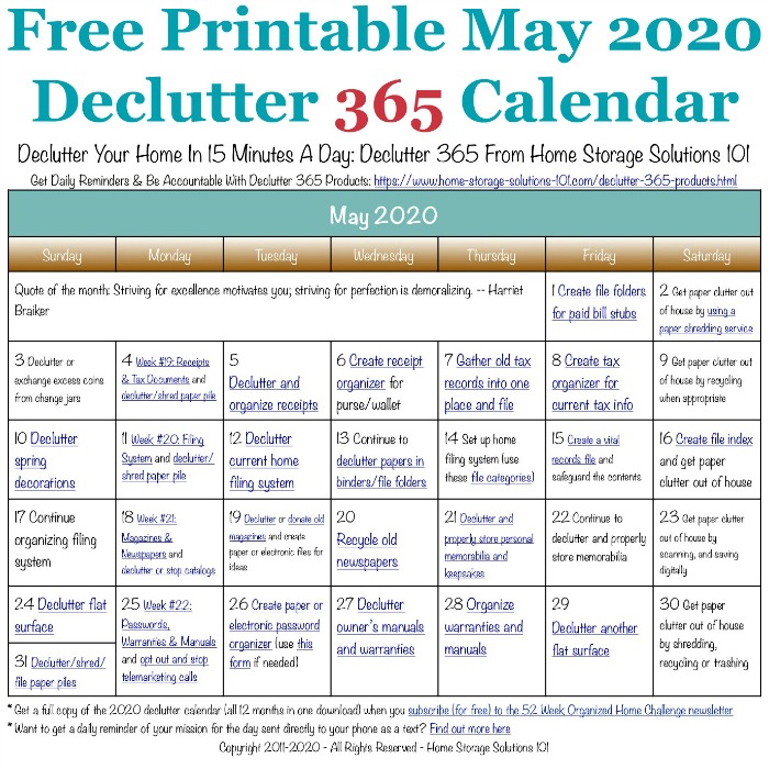 May Declutter Calendar 15 Minute Daily Missions For Month