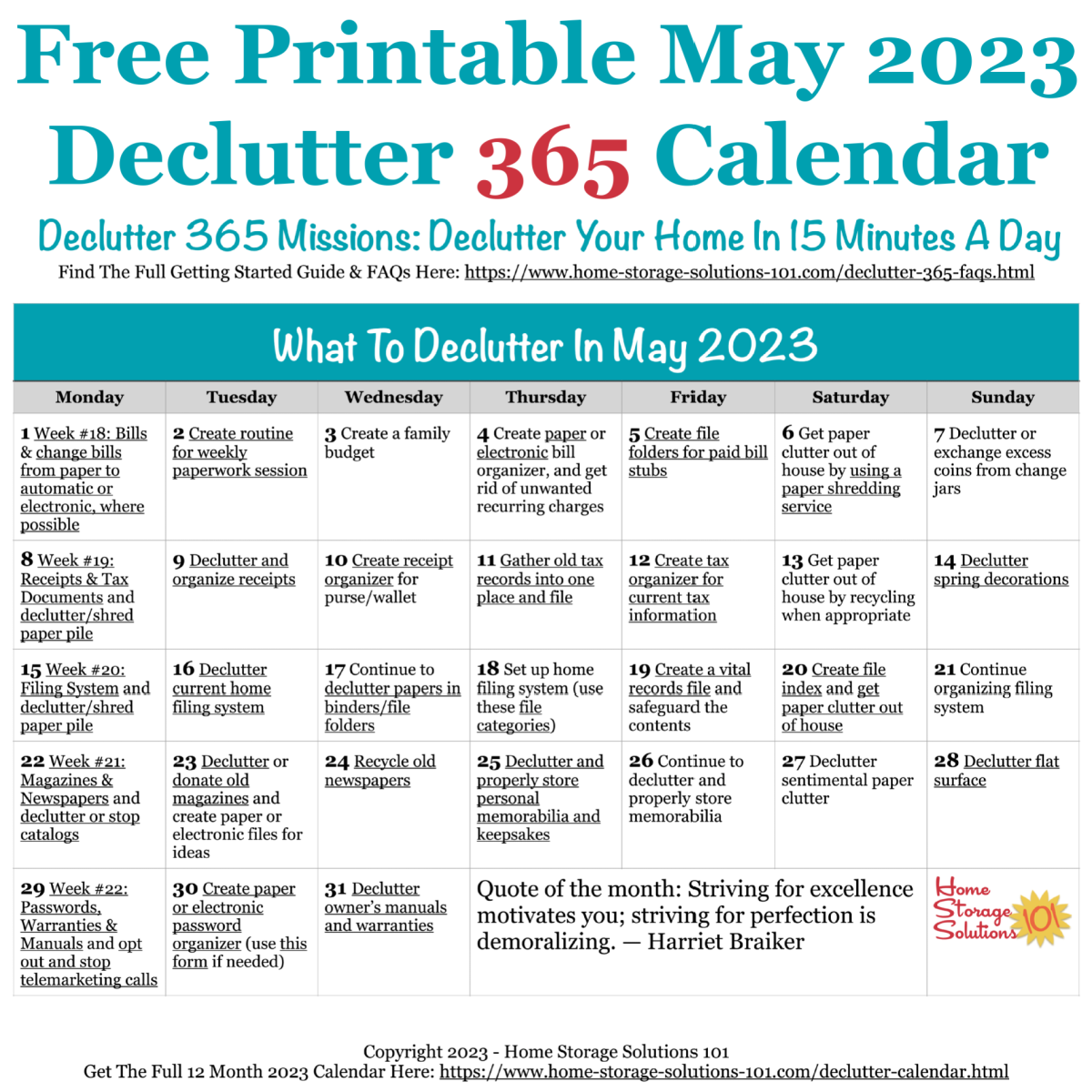 May Declutter 365 Calendar 15 Minute Daily Missions For Month