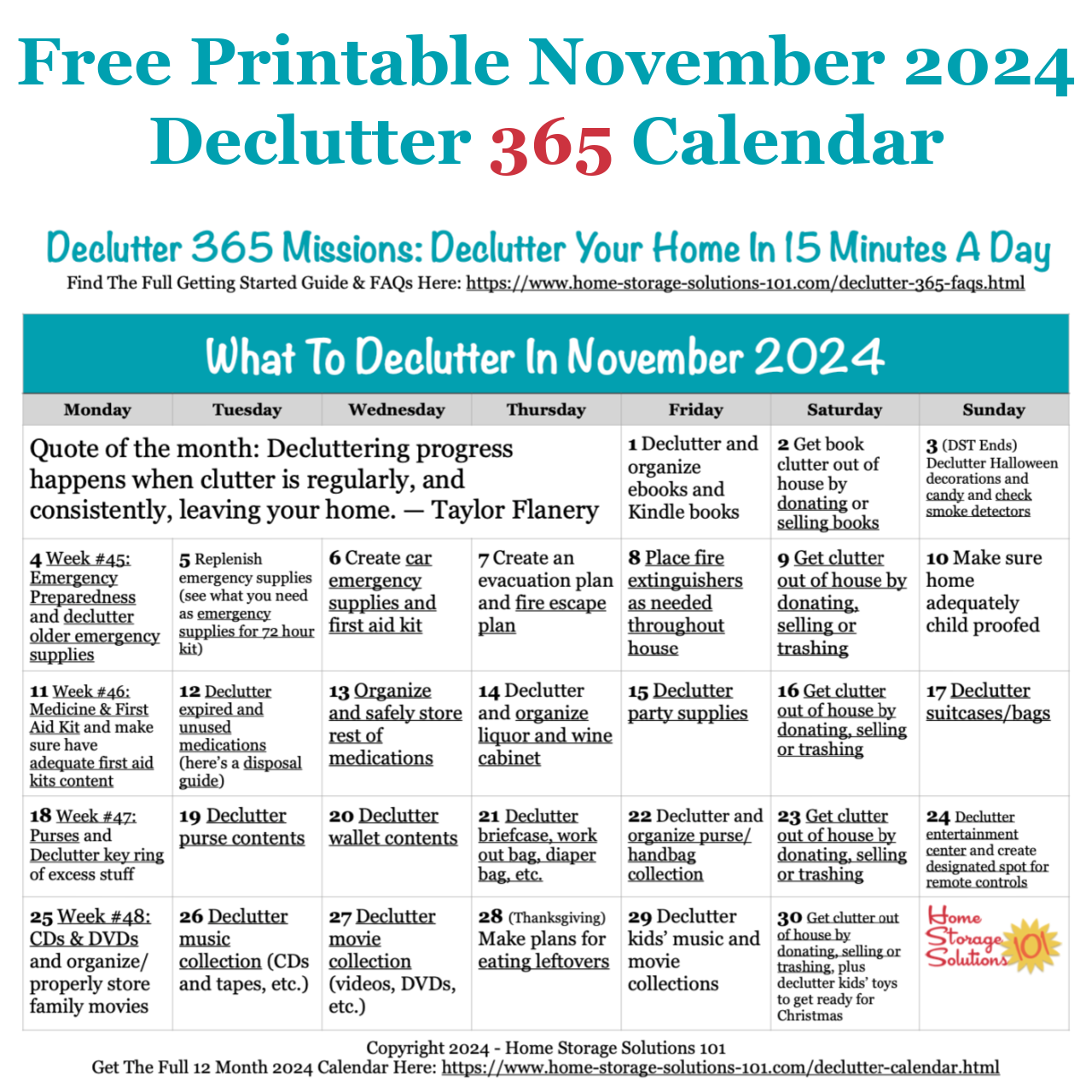 Free printable November 2024 #decluttering calendar with daily 15 minute missions. Follow the entire #Declutter365 plan provided by Home Storage Solutions 101 to #declutter your whole house in a year.