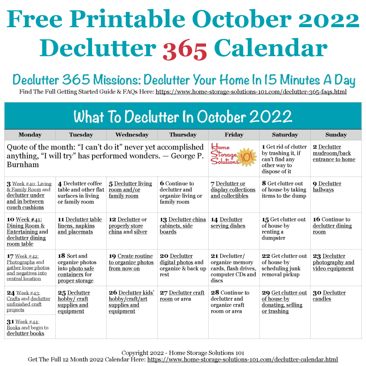October Declutter 365 Calendar 15 Minute Daily Missions For Month