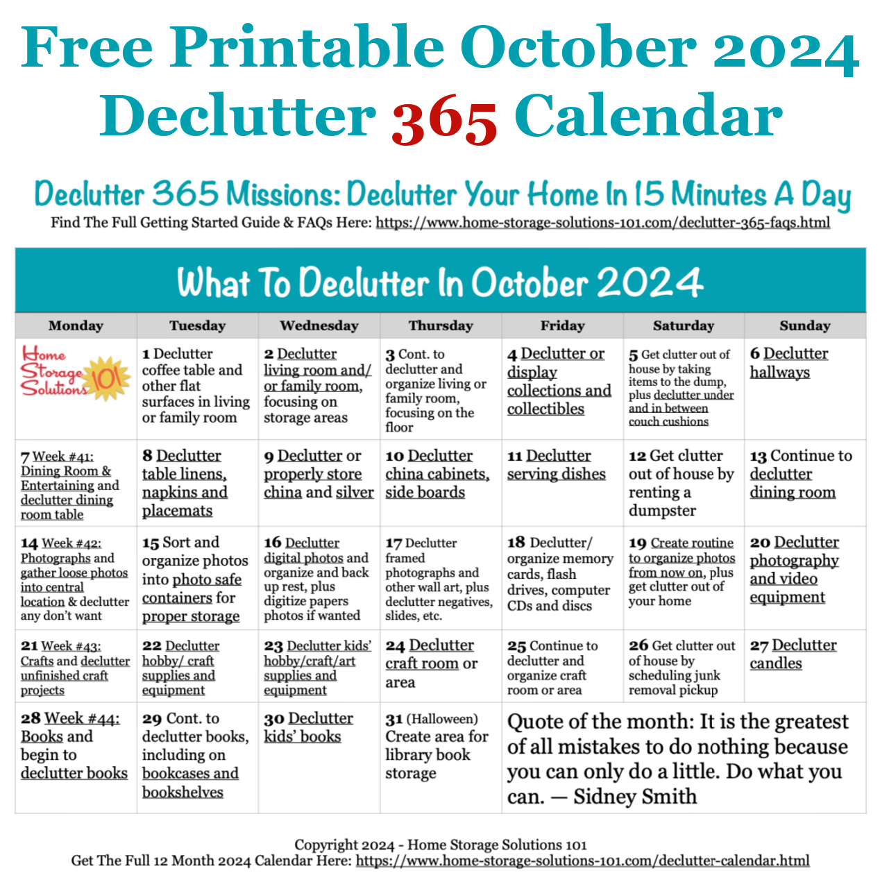 Free printable October 2024 #decluttering calendar with daily 15 minute missions. Follow the entire #Declutter365 plan provided by Home Storage Solutions 101 to #declutter your whole house in a year.