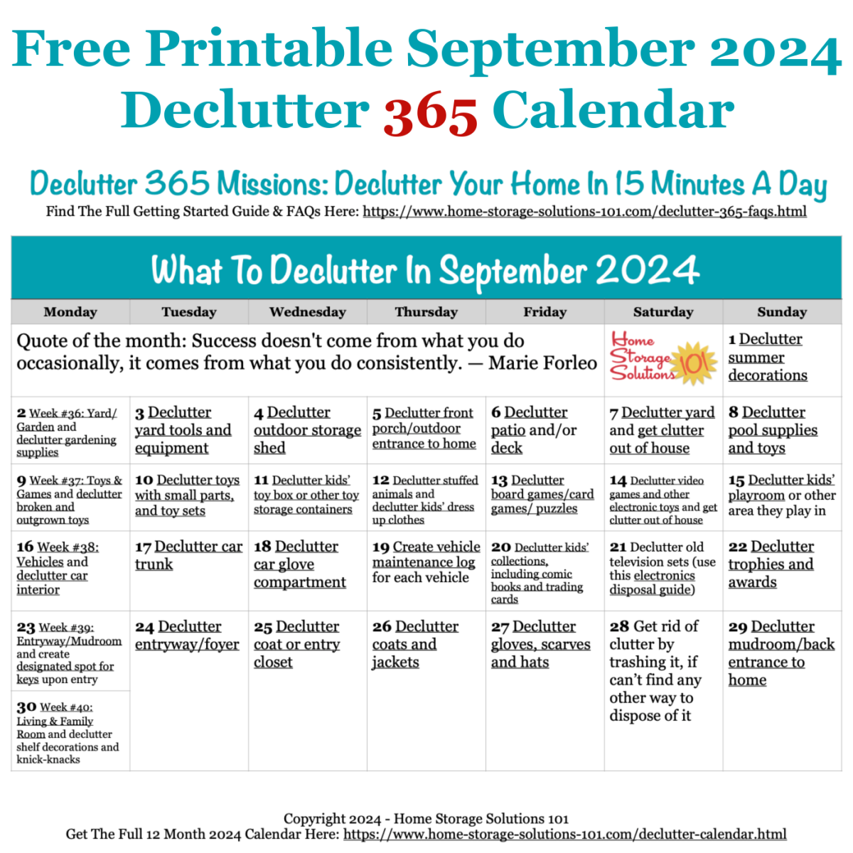 Free printable September 2024 #decluttering calendar with daily 15 minute missions. Follow the entire #Declutter365 plan provided by Home Storage Solutions 101 to #declutter your whole house in a year.