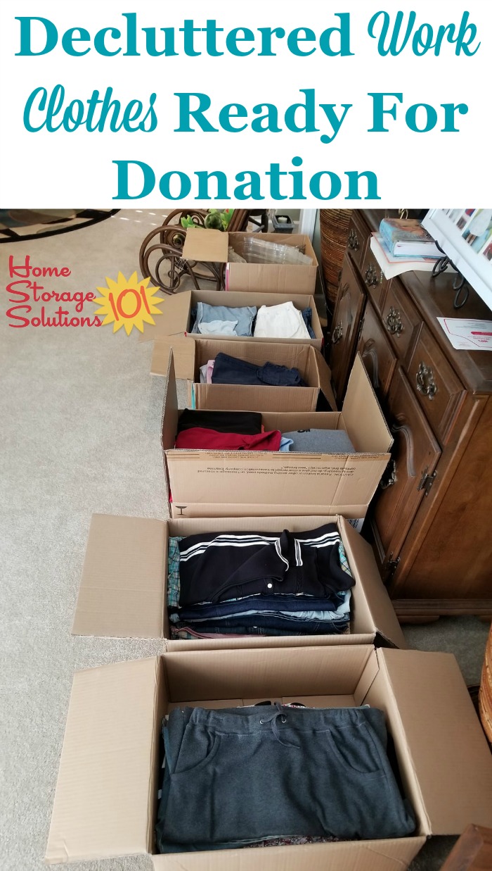 Decluttered work clothes and other workwear ready for donation, to get rid of closet clutter {featured on Home Storage Solutions 101}