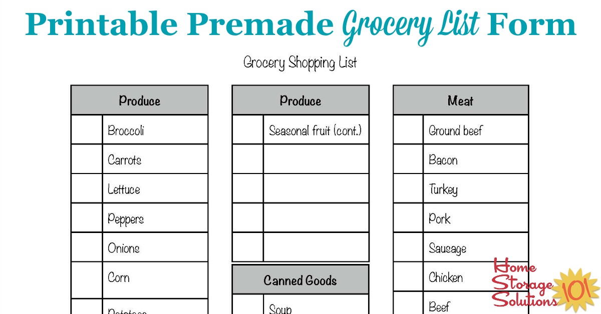free printable grocery list form