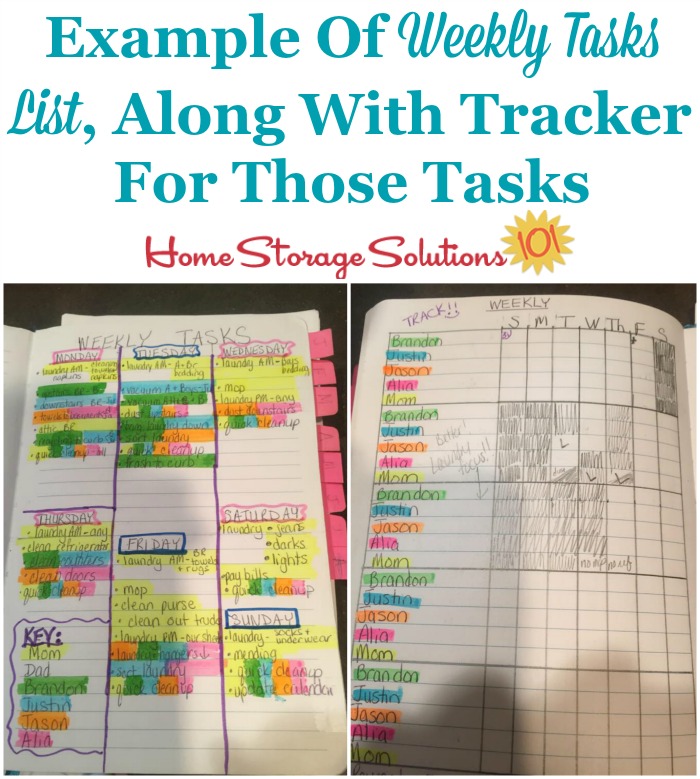 Example of weekly tasks list, along with tracker for those tasks {on Home Storage Solutions 101}