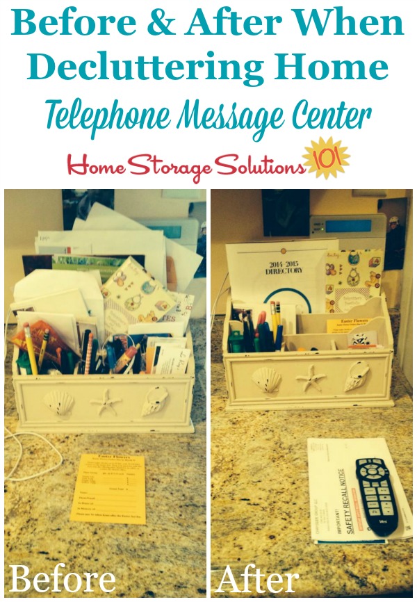 Before and after when decluttered telephone and home mail center in kitchen {featured on Home Storage Solutions 101}