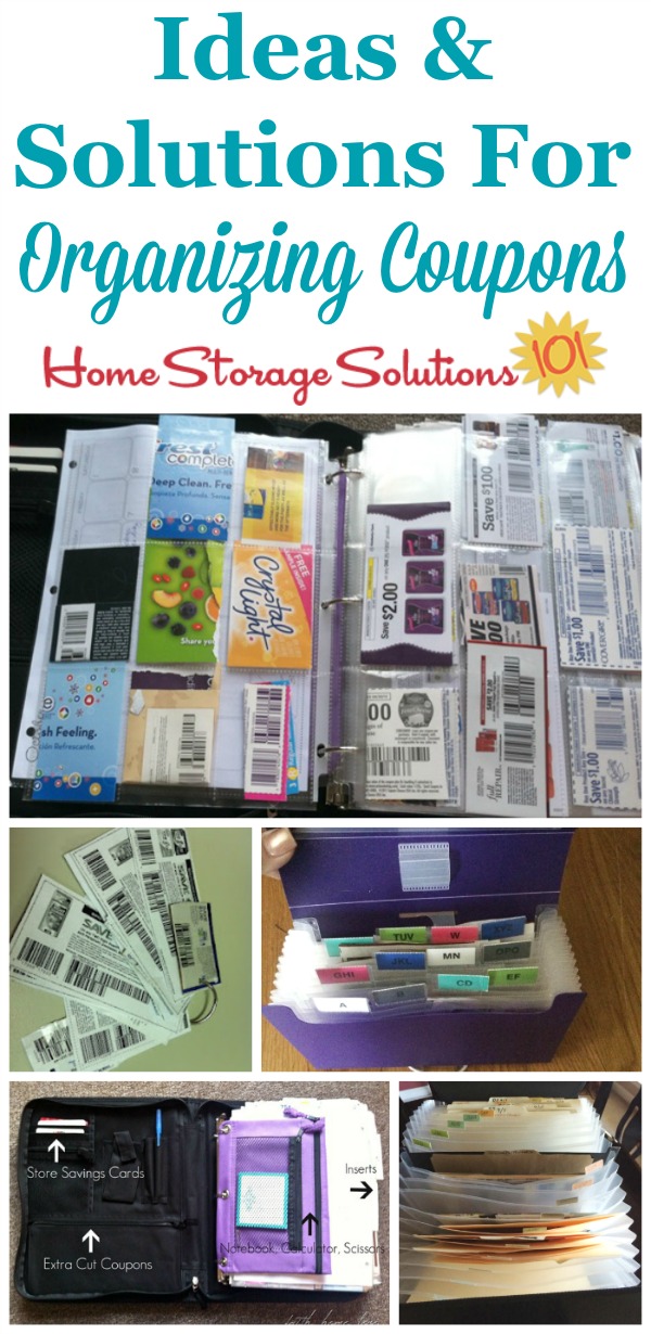Real life ideas and solutions for organizing coupons as shown by readers, for those who coupon a little or a lot, and those who clip and those who instead file inserts {on Home Storage Solutions 101} #OrganizingCoupons #OrganizeCoupons #CouponOrganization