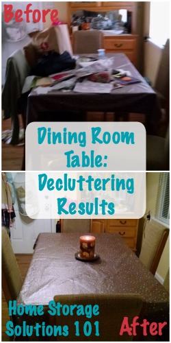 before and after of decluttered dining room table